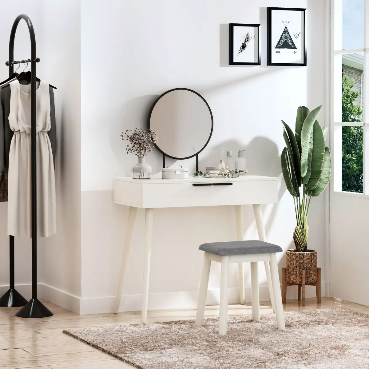 HOMCOM Dressing Table Vanity Set Makeup Desk with Round Mirror Cushioned Stool White - Desk