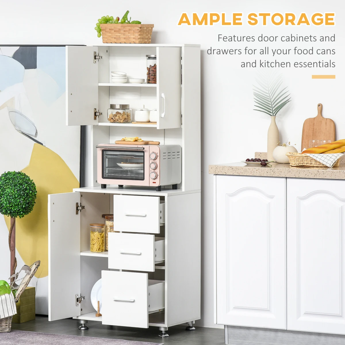 HOMCOM Premium White Kitchen Buffet Storage Cabinet 60x40x150cm With 2 Cabinets 3 Drawers Microwave Rack With Cable Management - Chest of Drawers