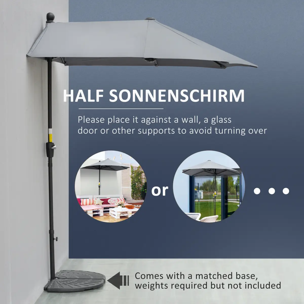 Outsunny Outsunny 2m Half Garden Parasol Market Umbrella w/ Crank Handle, Base Dark Grey - Parasol