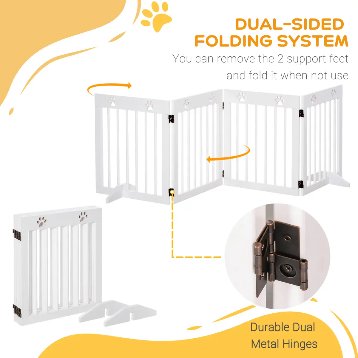 Pawhut Freestanding Pet Gate 4 Panel Folding Wooden Dog Barrier w/ Support Feet - Pet Gate