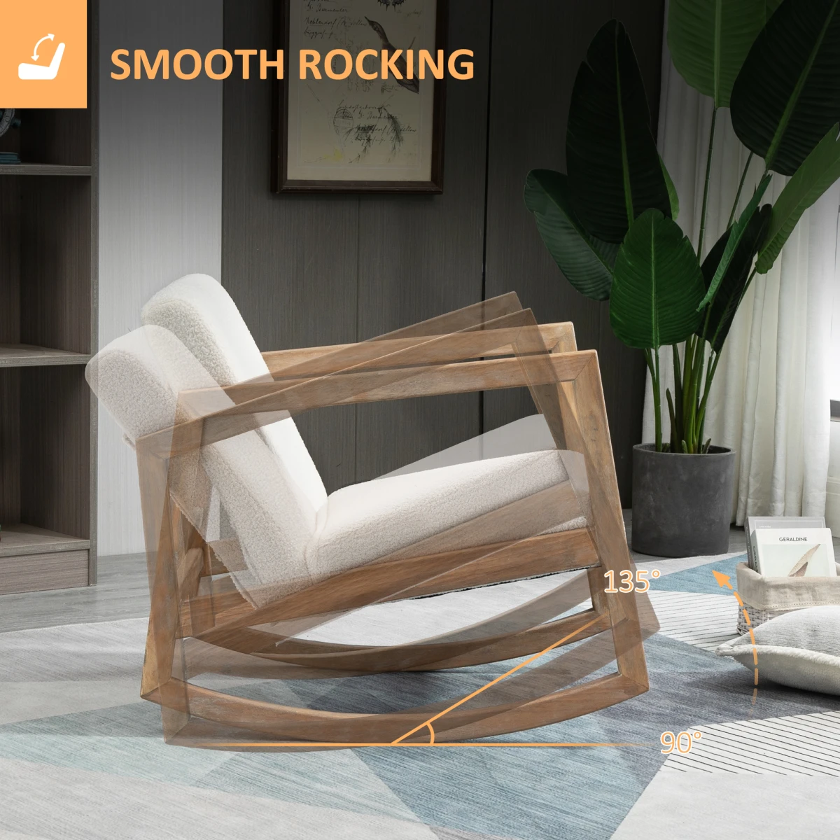 HOMCOM Rocking Chair Upholstered Armchair Cream Wood Frame with Plush Teddy Fleece Cushion for Living Room by HOMCOM