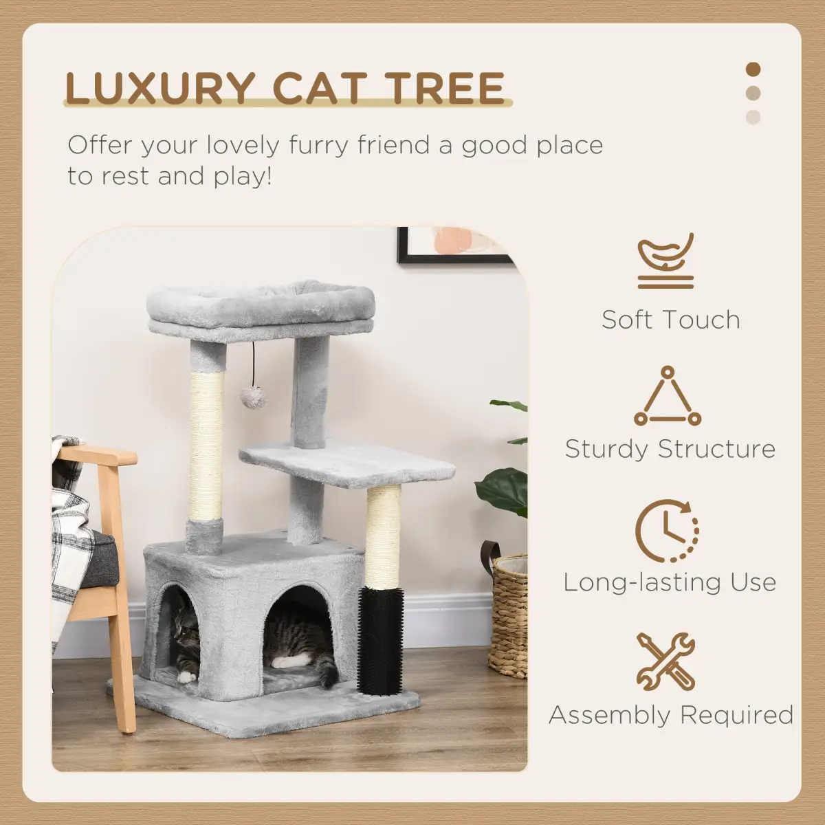 Pawhut Cat Tree Climbing Activity Center with Scratching Massage Toy Hanging Ball - Cat Tree