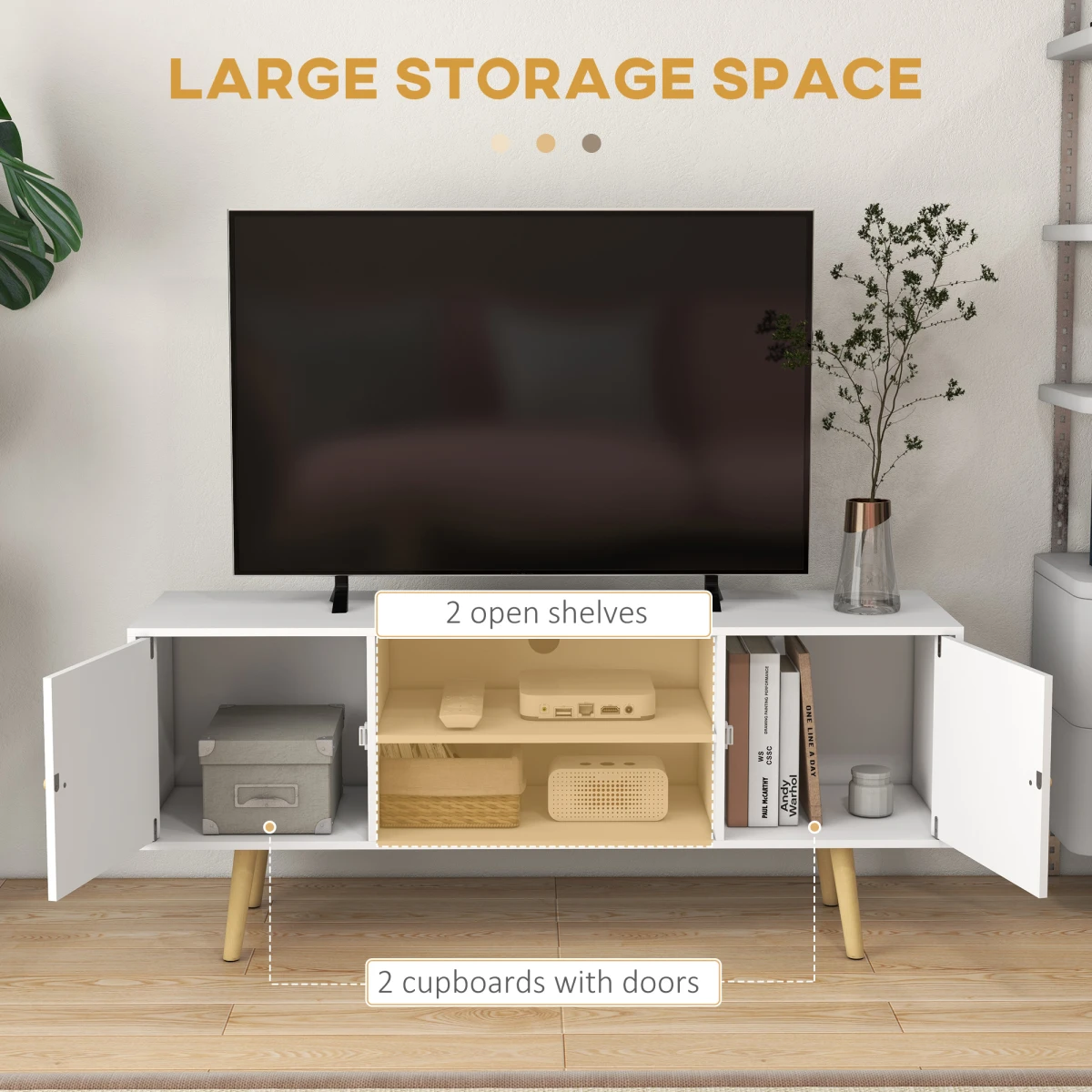 White TV Stand Cabinet 55 Inch Cable Management Living Room - TV Unit