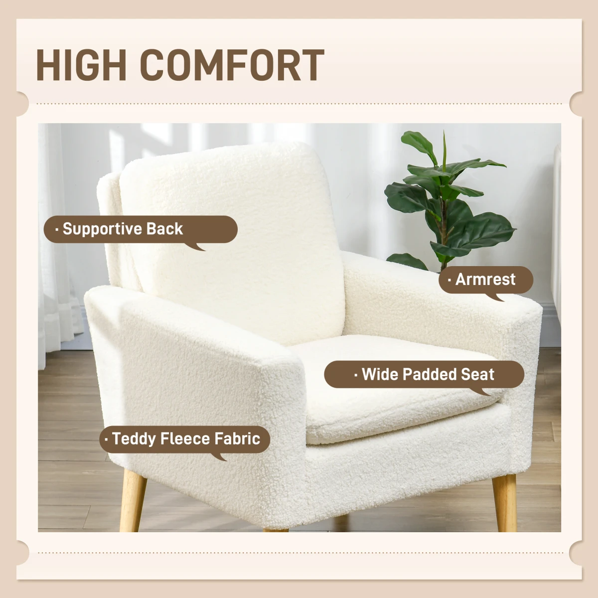 HOMCOM Teddy Armchair Cream Wide Seat With Wood Legs Home by HOMCOM