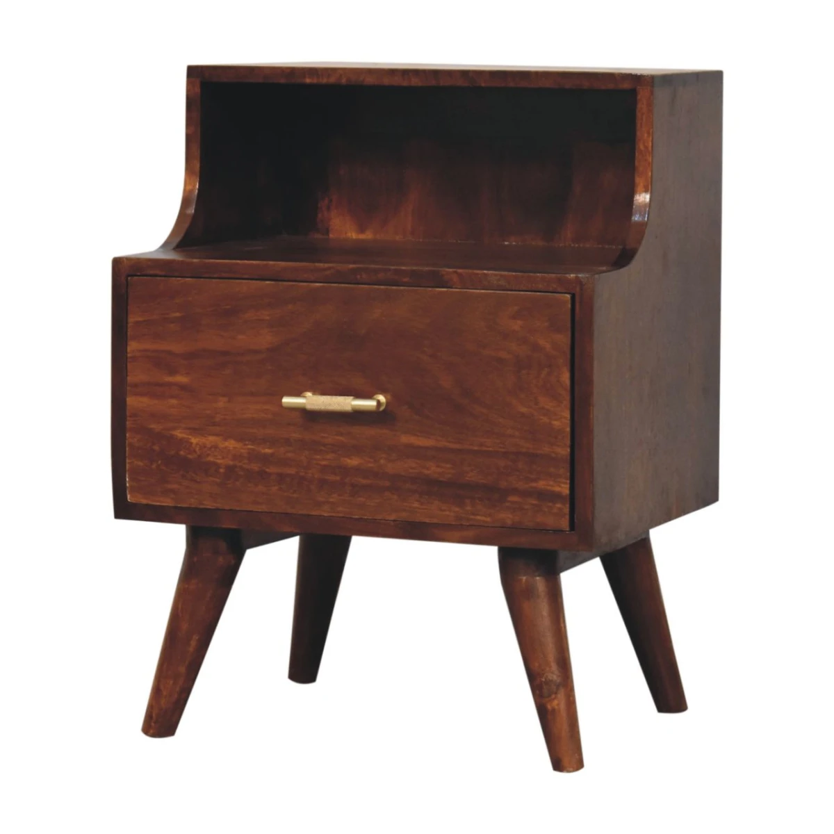 Artisan Solid Wood Bedside Table 18x14x24 Raised Back Shelf T Bar Drawer Mango Chestnut For Bedroom by Artisan Furniture