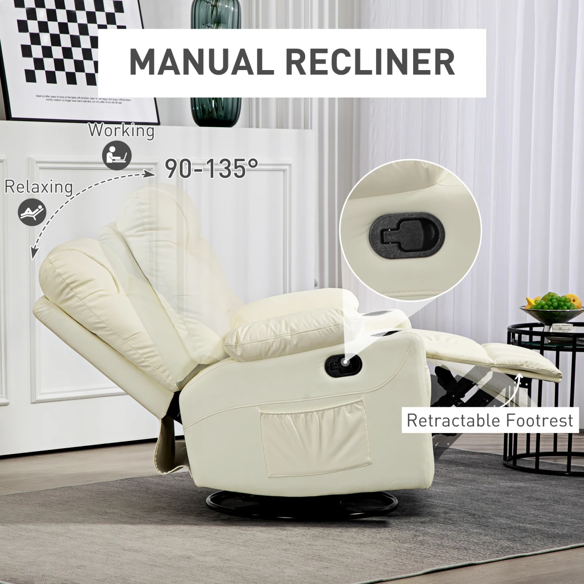 HOMCOM Manual Recliner Chair Cream With Footrest Cupholders - Recliner