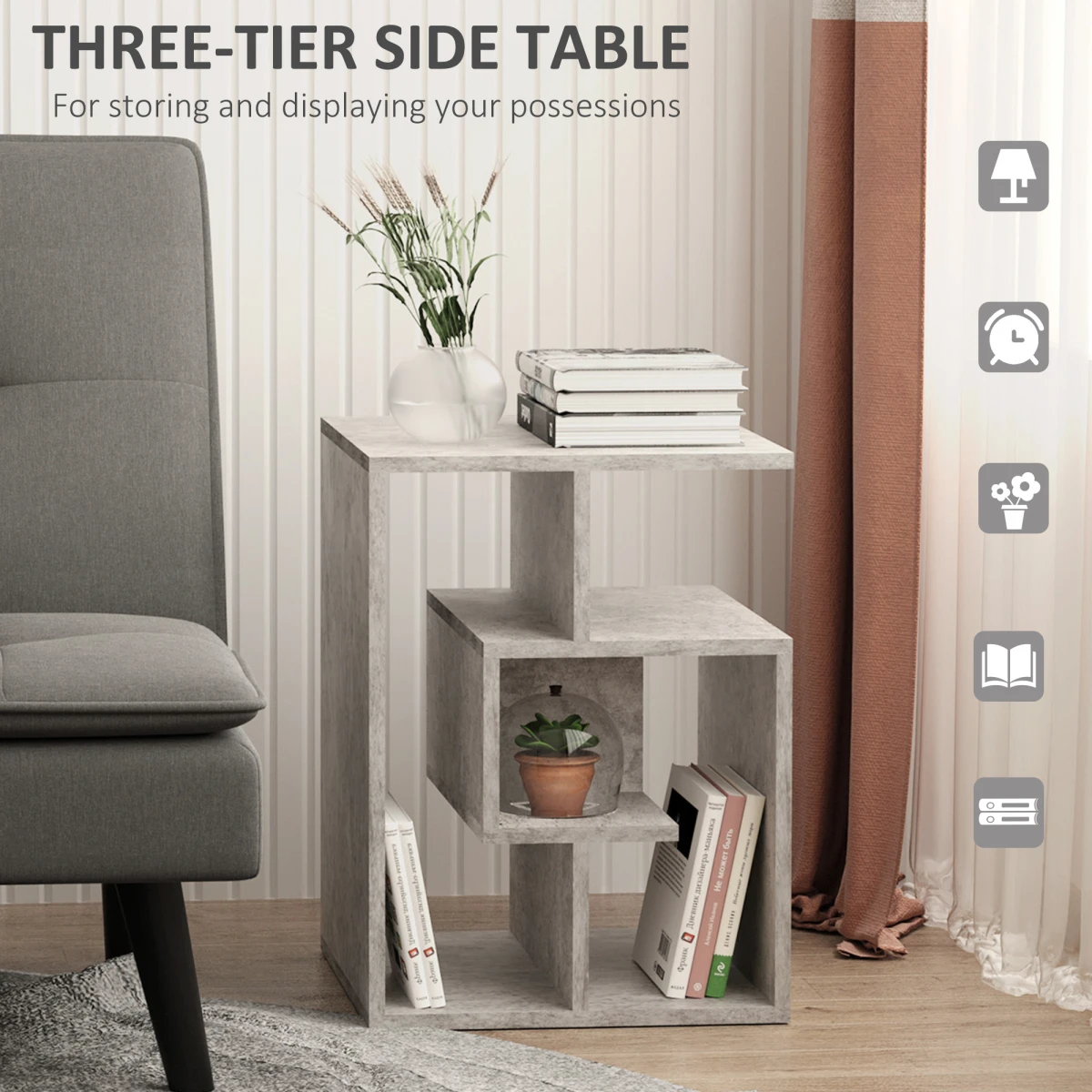 Premium Three-Tier Side End Table With Open Shelves For Living Room and Home Office Storage Organizer In Grey - Coffee Table