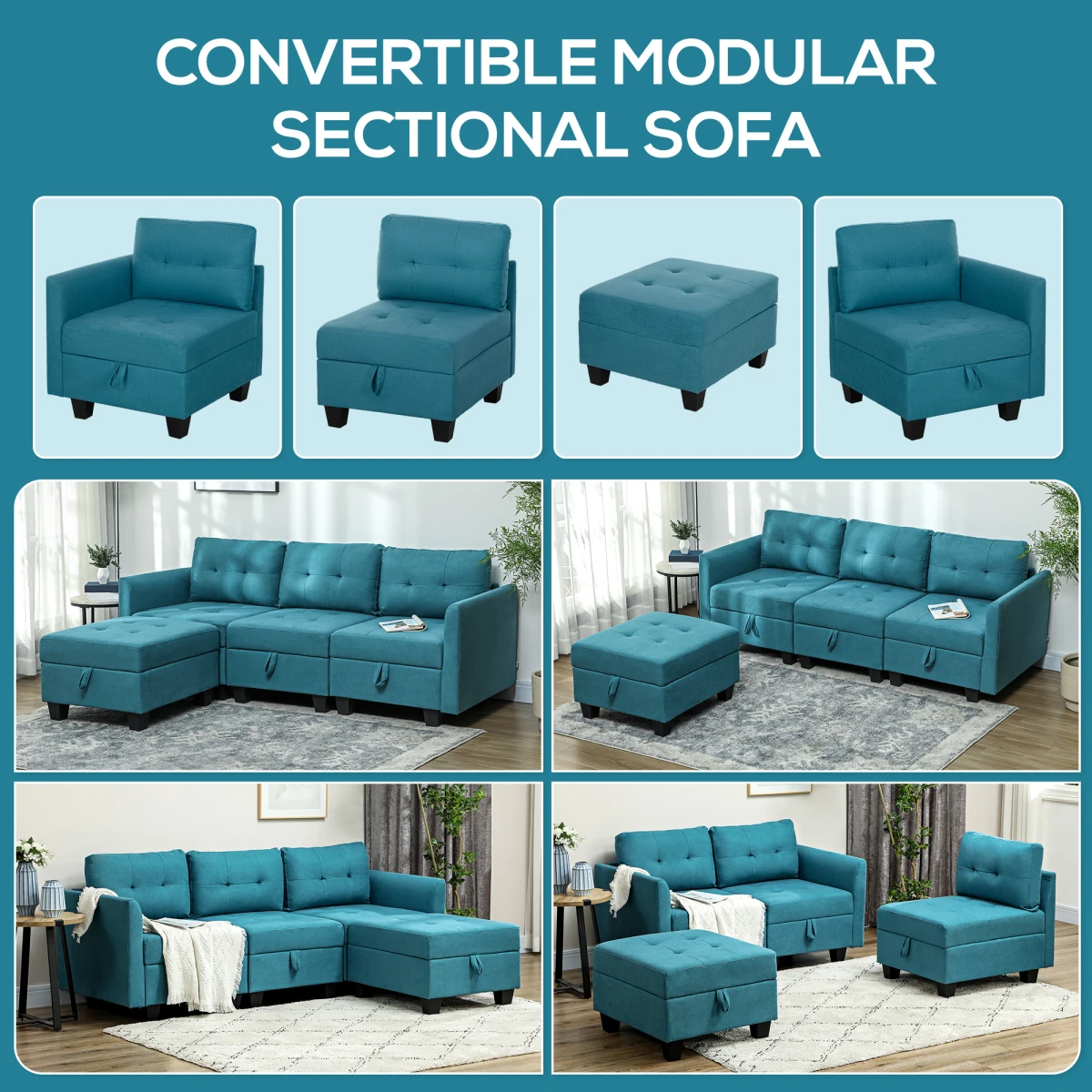 HOMCOM L Shaped Modular Sofa With Storage Light Blue - Sofa