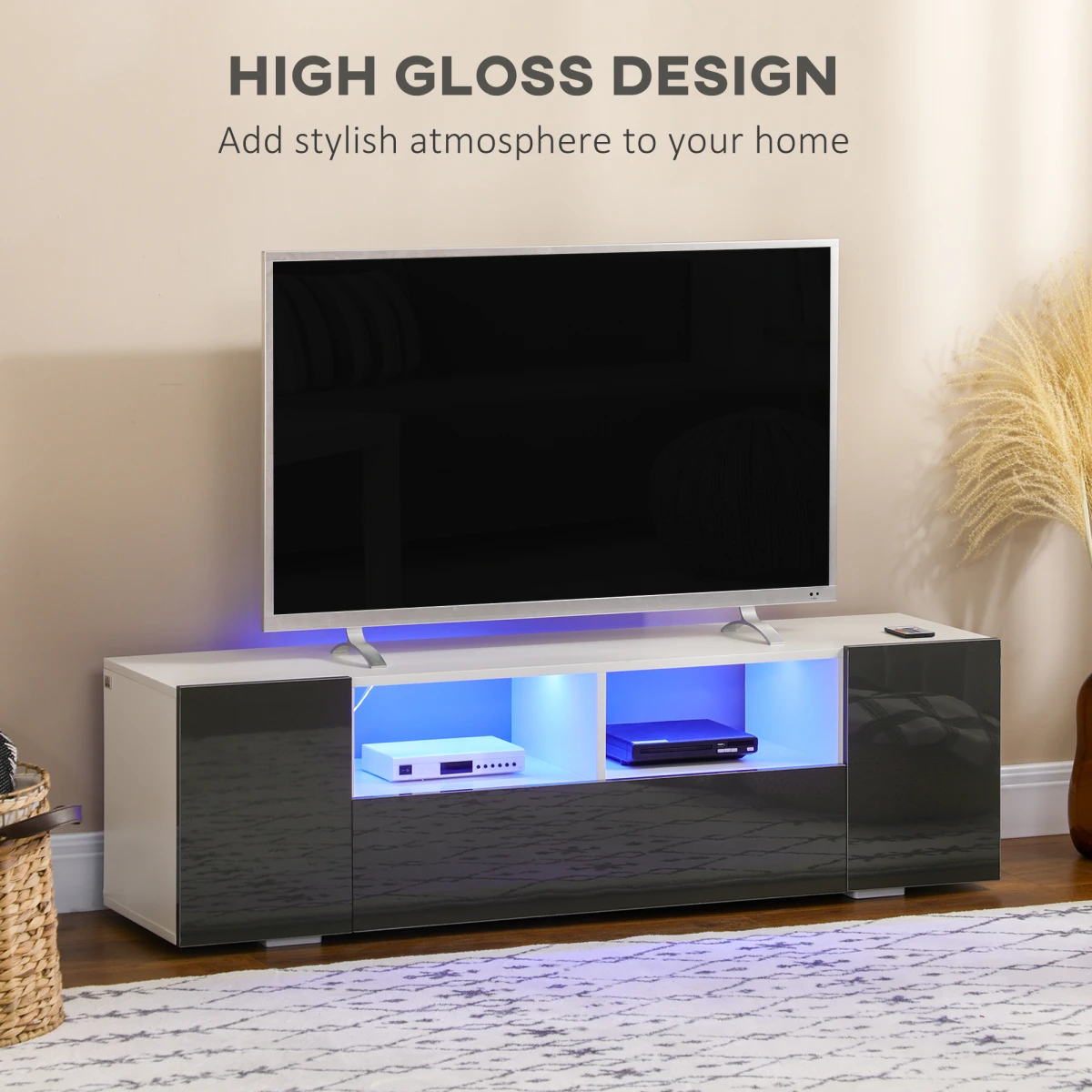 HOMCOM High Gloss TV Stand 137cm Wide With LED Lights For TV Setup - TV Unit