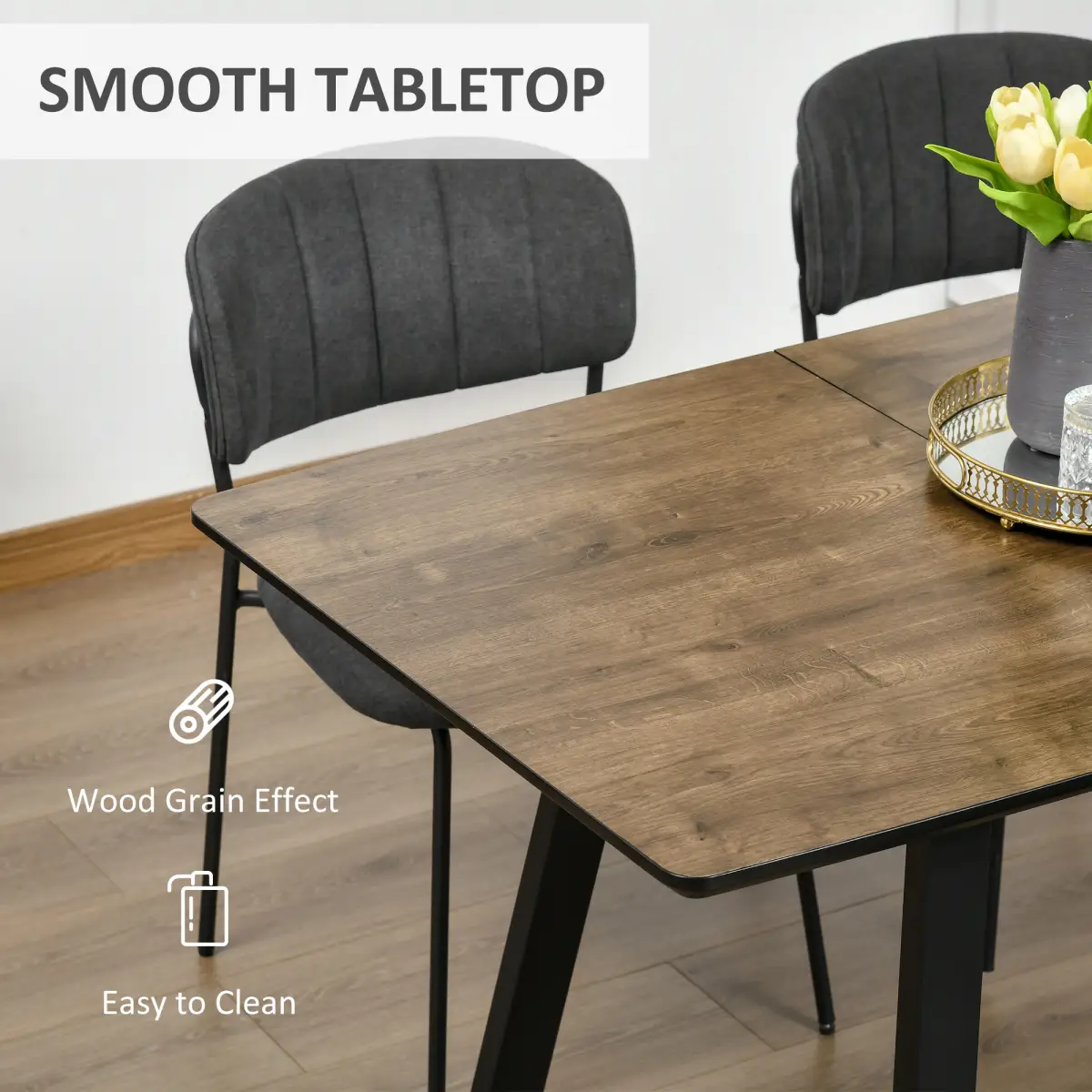 Extendable Dining Table Rectangular Wood Effect Tabletop with Metal Frame - Dining Table