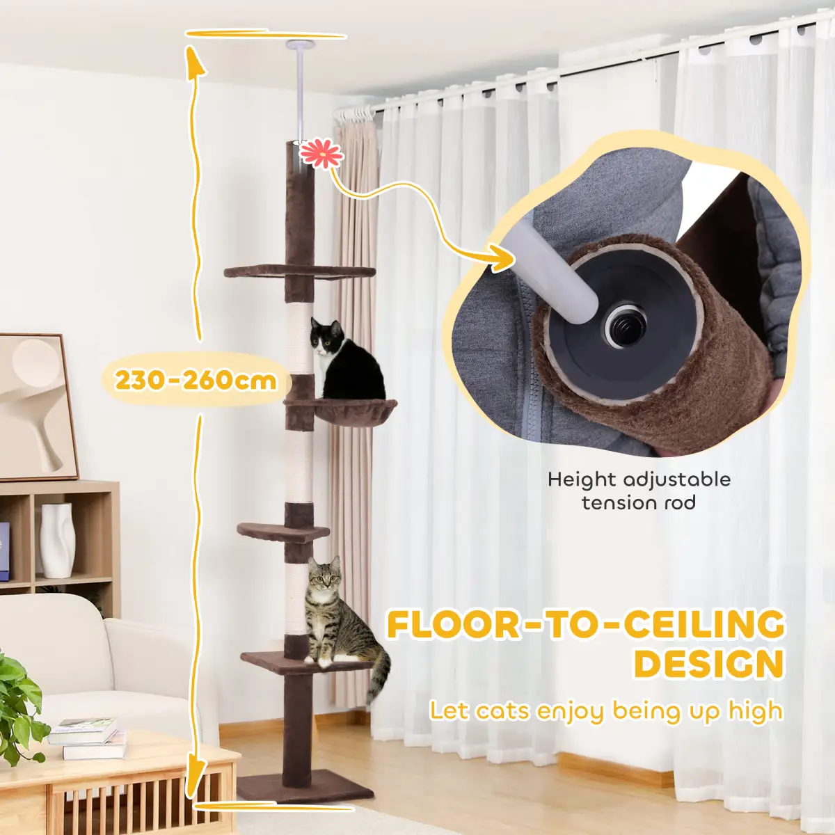 PawHut Floor to Ceiling Cat Tree for Indoor Cats 5-Tier Kitty Tower Brown - Cat Tree