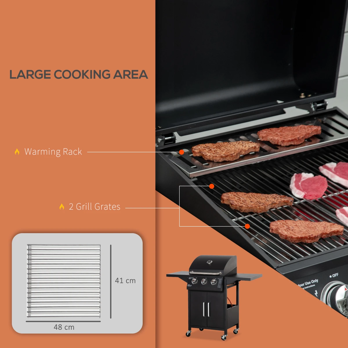 Outsunny 3 Burner Gas BBQ Grill Portable Barbecue Trolley Warming Rack Storage Cabinet - Wine Rack