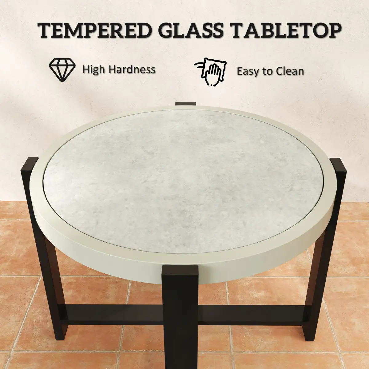 Outsunny Outsunny Round Small Garden Table with Faux Marble Glass Top, Light Grey - Garden Table