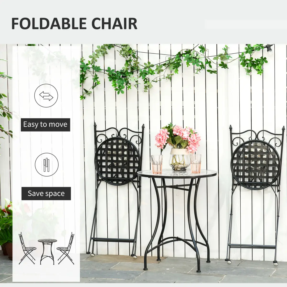 Outsunny 3Pc Mosaic Tile Garden Bistro Set Folding Chairs - Bistro Sets