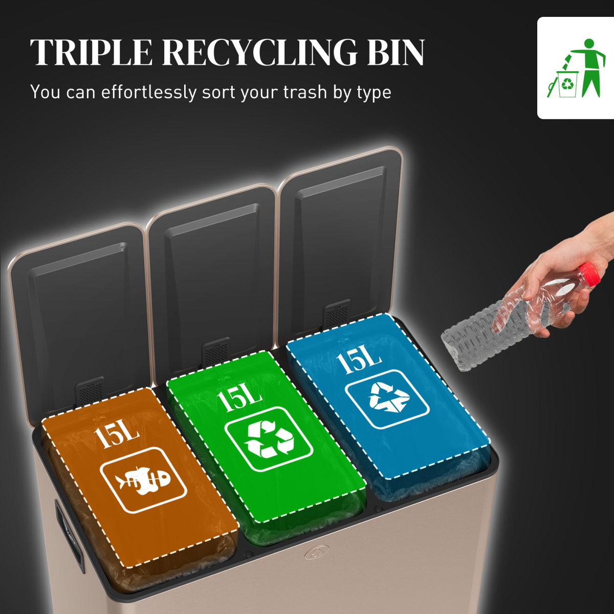 HOMCOM 3 x 15L Triple Kitchen Bin Pedal Bin for Recycling and Waste, Gold Tone - from PawHut