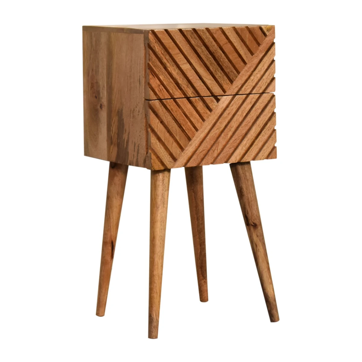 Artisan Furniture Artisan Furniture Bedside Table Mini Compact Solid Mango Wood Two Line Carved Drawers for Small Spaces - Bedside Table