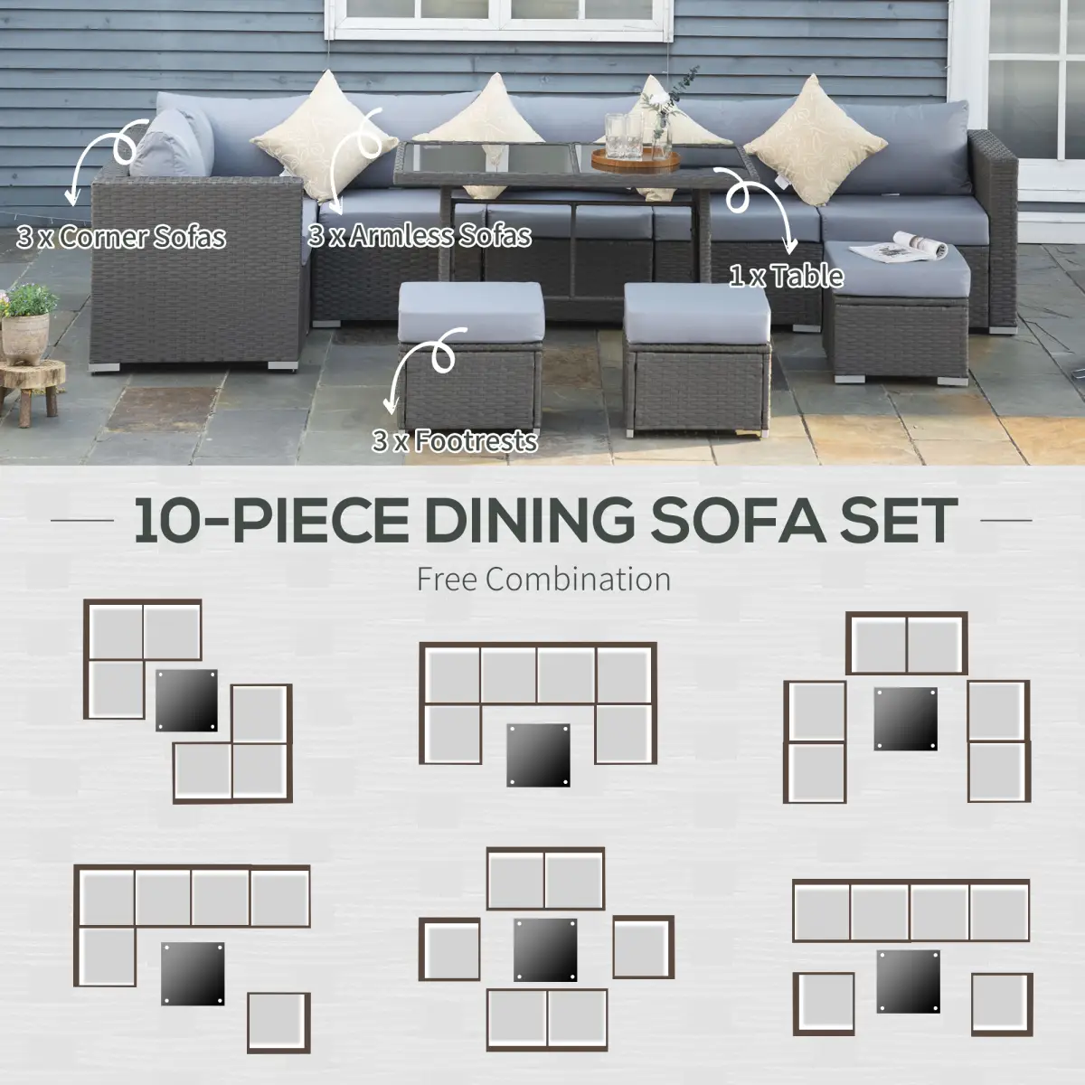 Outsunny 10 Pcs Rattan Sofa Set-Grey/Dusty Blue Cushion - Garden Sofa Sets
