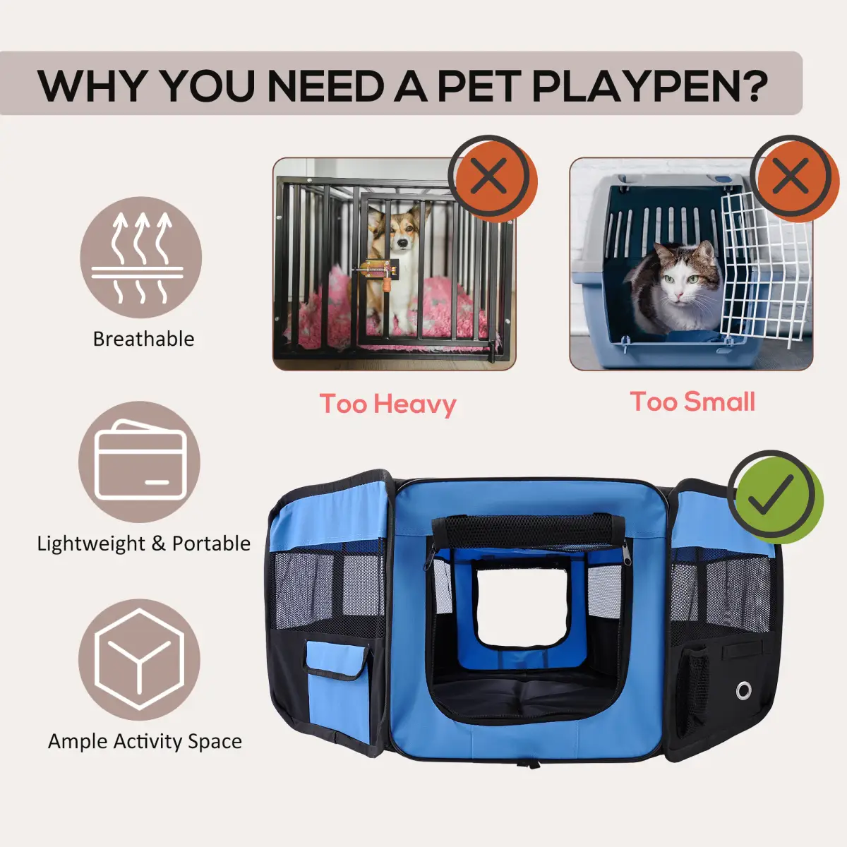 Pawhut Fabric Pet Puppy Dog Cat Rabbit Pig Guinea Playpen Play Pen Run S M L 3 Colour - Pet Playpen