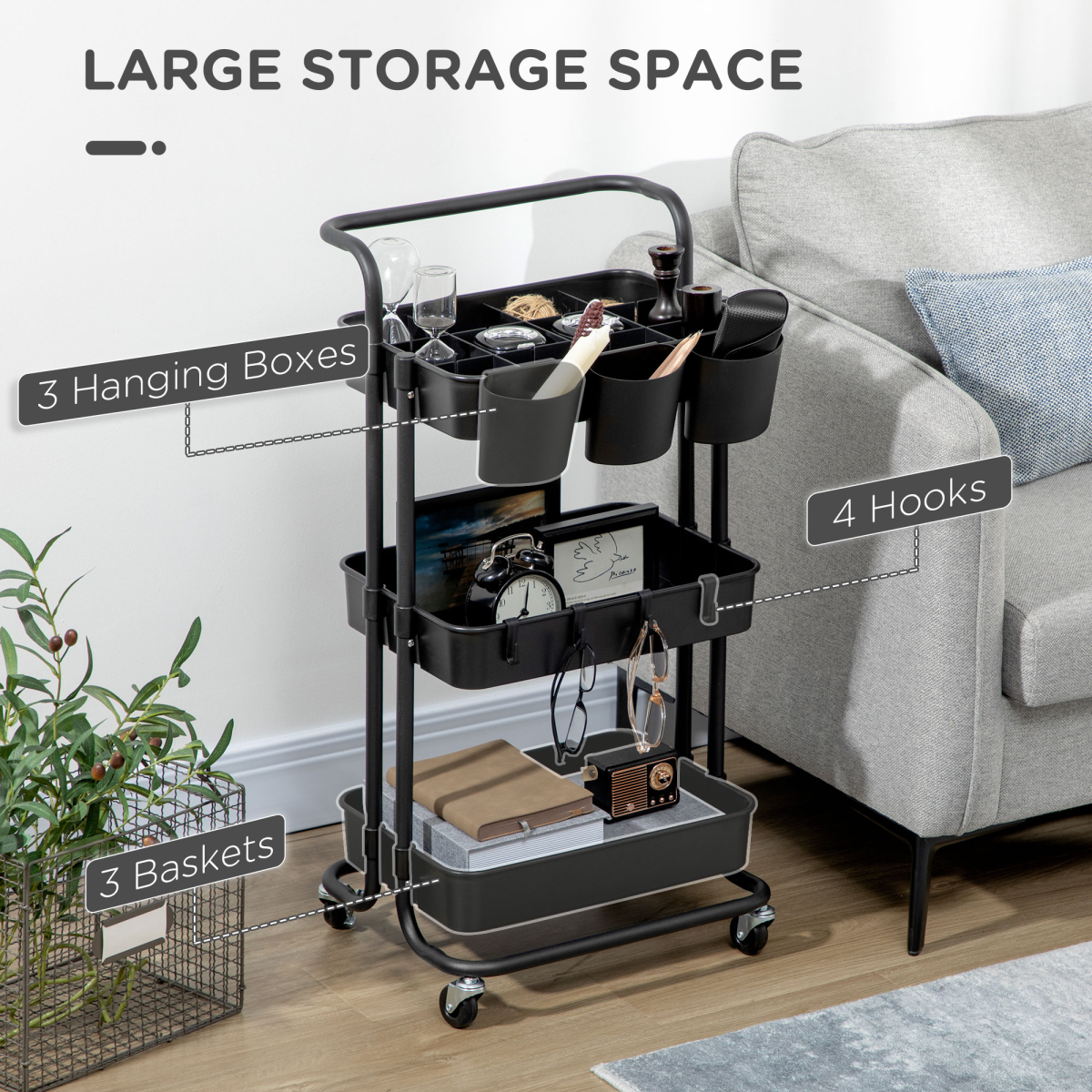 3-Tier Utility Cart, Serving Trolley with Mesh Baskets Removable Boxes, Black - from Unbranded