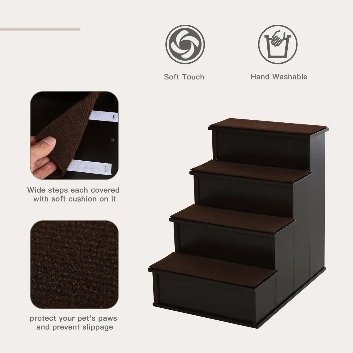Pawhut 4-Step Wooden Pet Stair Steps with Soft Short Plush Cushions Dog Ladder for Bed - Dog Steps