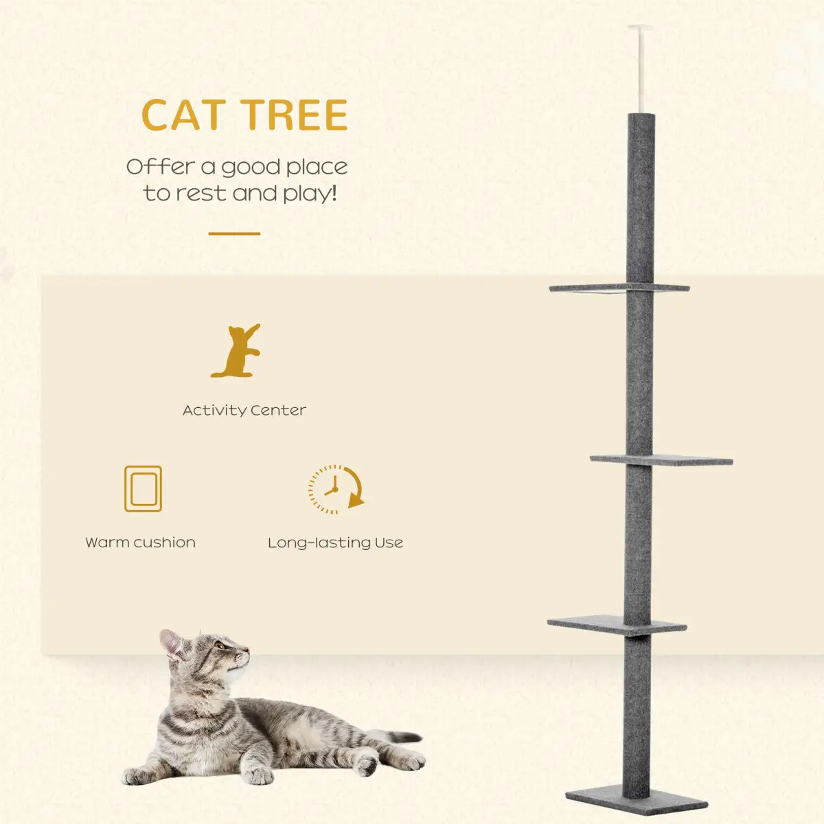 Unbranded 260cm Floor To Ceiling Cat Tree Kitten Tower Adjustable Height - Grey Pawhut - Cat Tree