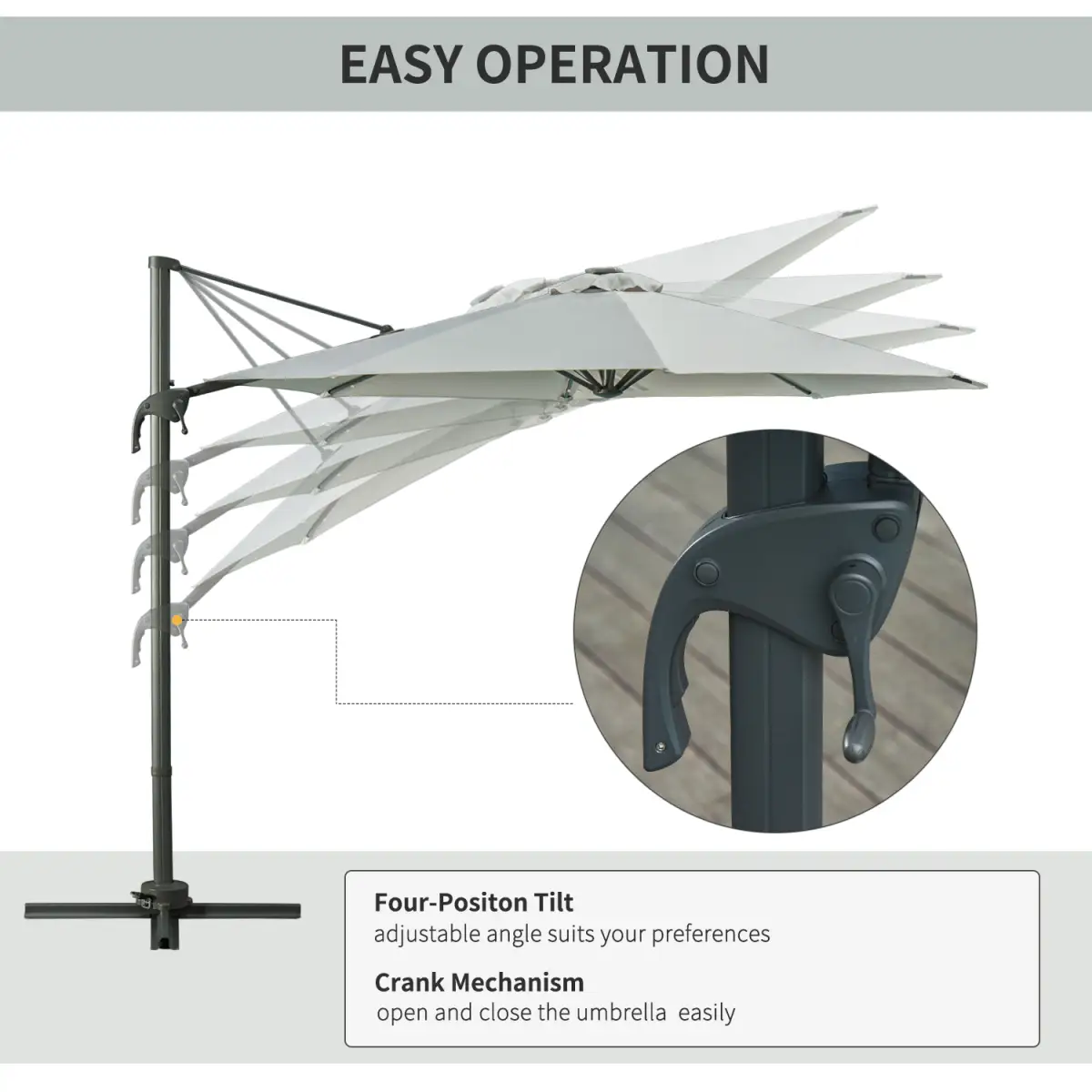 Outsunny 3m Cantilever Roma Parasol Patio Sun Umbrella with LED Solar Light, Grey - Parasol