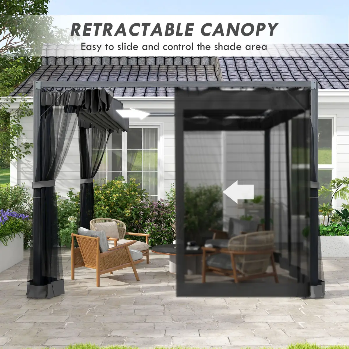 Outsunny Outsunny 3 x 3 m Pergola with Retractable Roof and Netting, Dark Grey - Gazebos