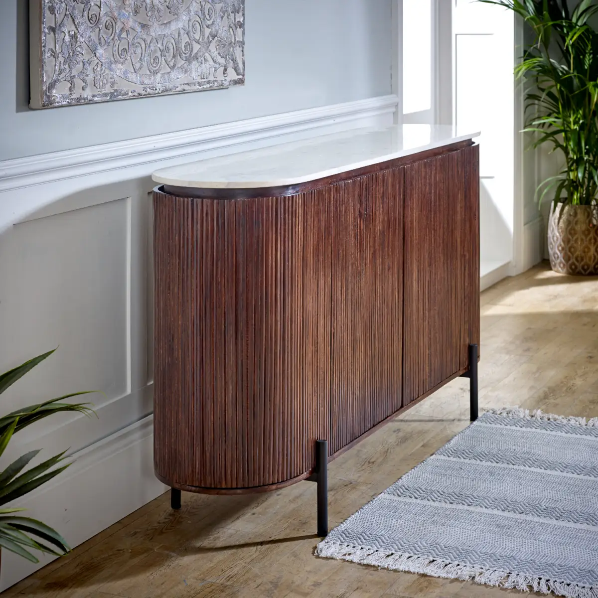 Indian Hub Opal Mango Wood Sideboard With Marble Top & Metal Legs - Sideboard