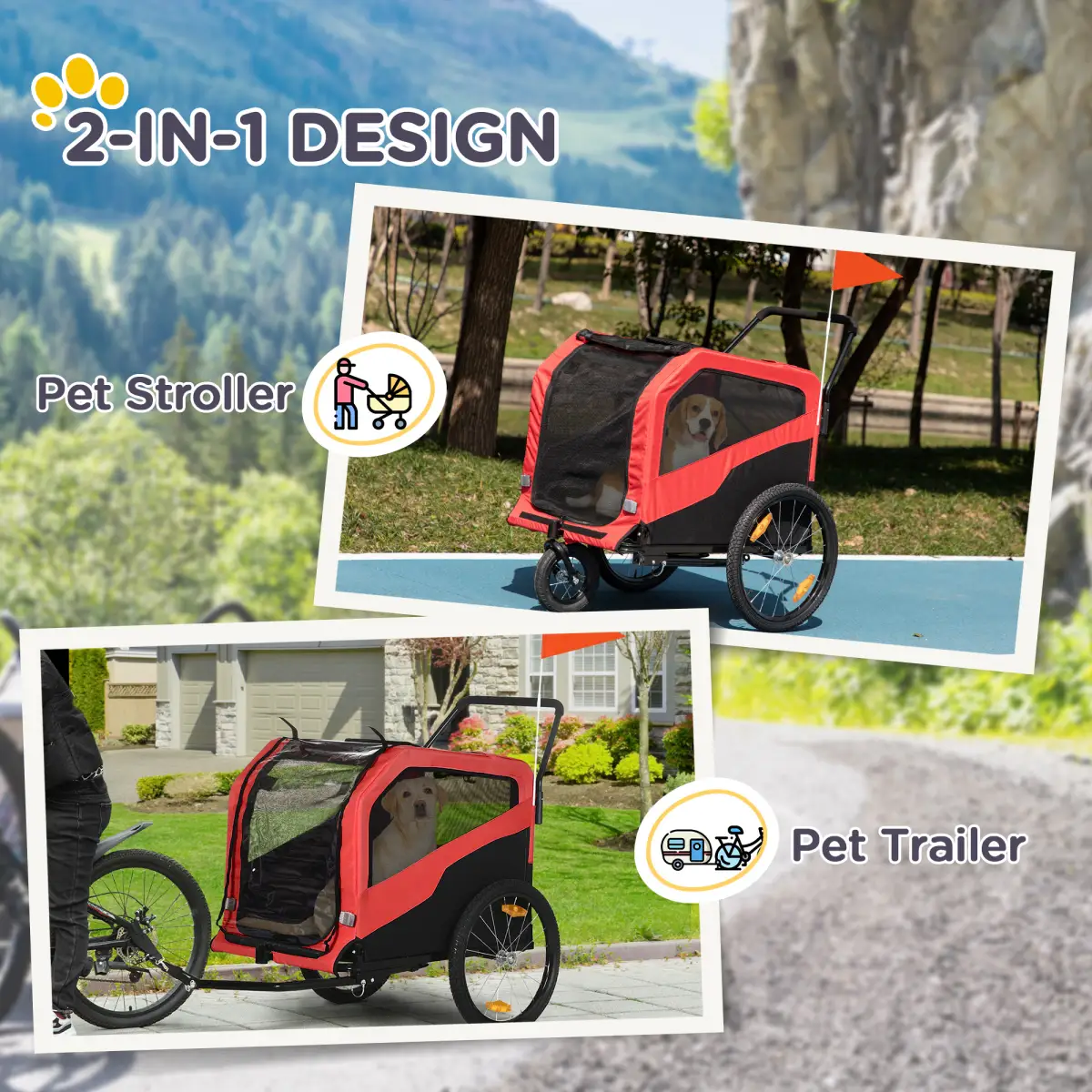 PawHut 2 in 1 Dog Bike Trailer Pet Stroller for Large Dogs W/ Hitch - Red - Pet Carrier