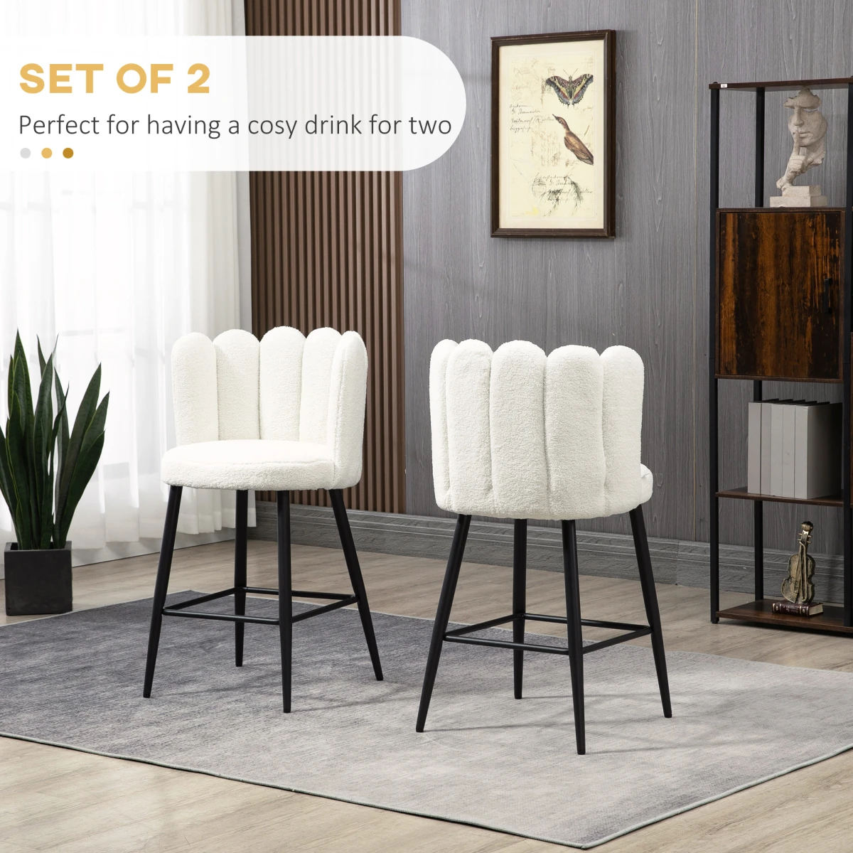 HOMCOM HOMCOM Bar Stool Set Of 2 With Backs Cream Cushioned Faux Cashmere Thick Foam With Adjustable Feet For Breakfast Bar - Bar Stool