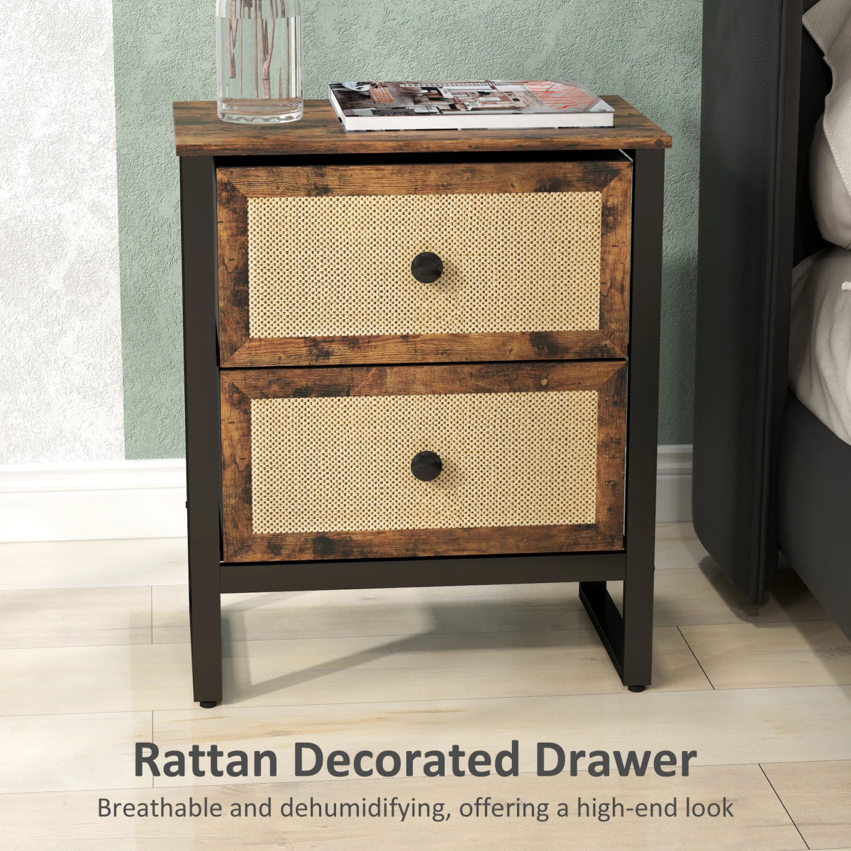 HOMCOM HOMCOM Bedside Table Compact Two Rattan Drawers With Steel Legs Rustic Brown Finish For Bedroom Decor - Bedside Table
