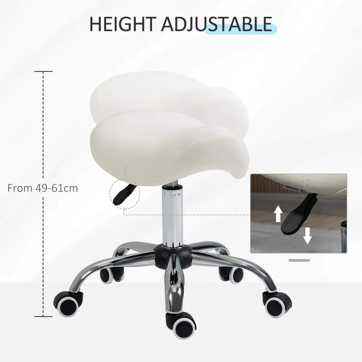 HOMCOM Saddle Stool Hydraulic Rolling Faux Leather Height Adjust Mobility Chair Cream - Bar Stool