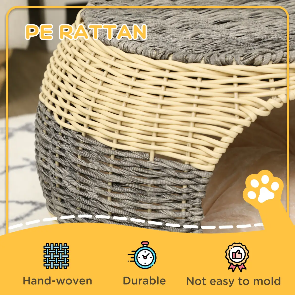 PawHut PawHut Wicker Cat House, Rattan Raised Cat Bed w/ Soft Cushion, 40 x 30cm - Cat House