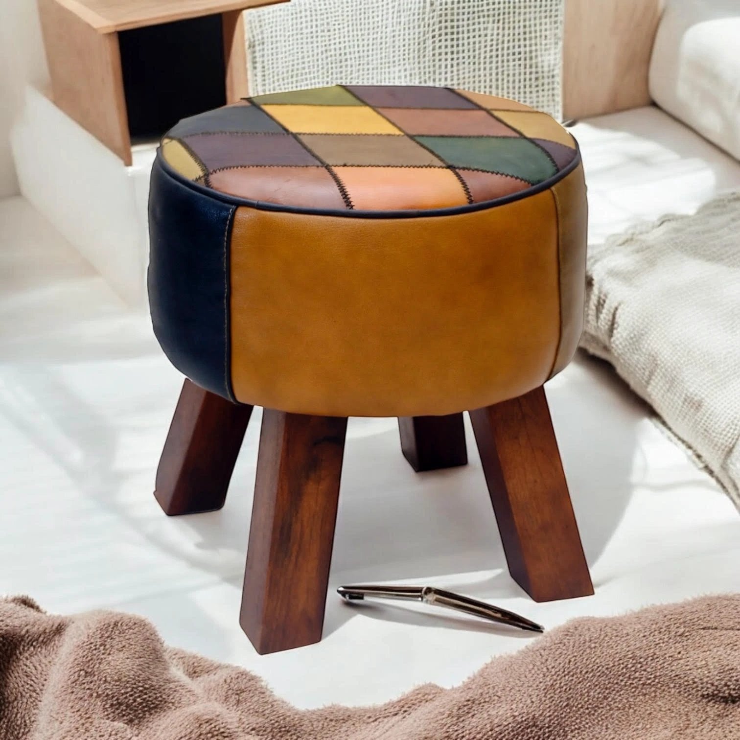 Premium Leather Stool 42cm Harlequin Pattern Home by MSL