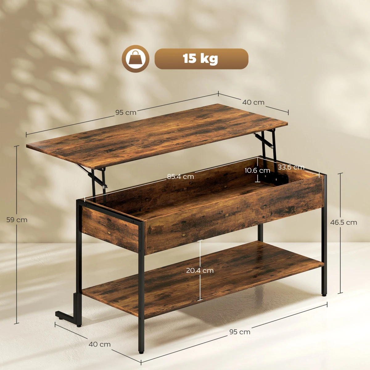 HOMCOM Industrial Lift Top Coffee Table With Storage Shelf Rustic Brown For Living Room And Home Office by HOMCOM