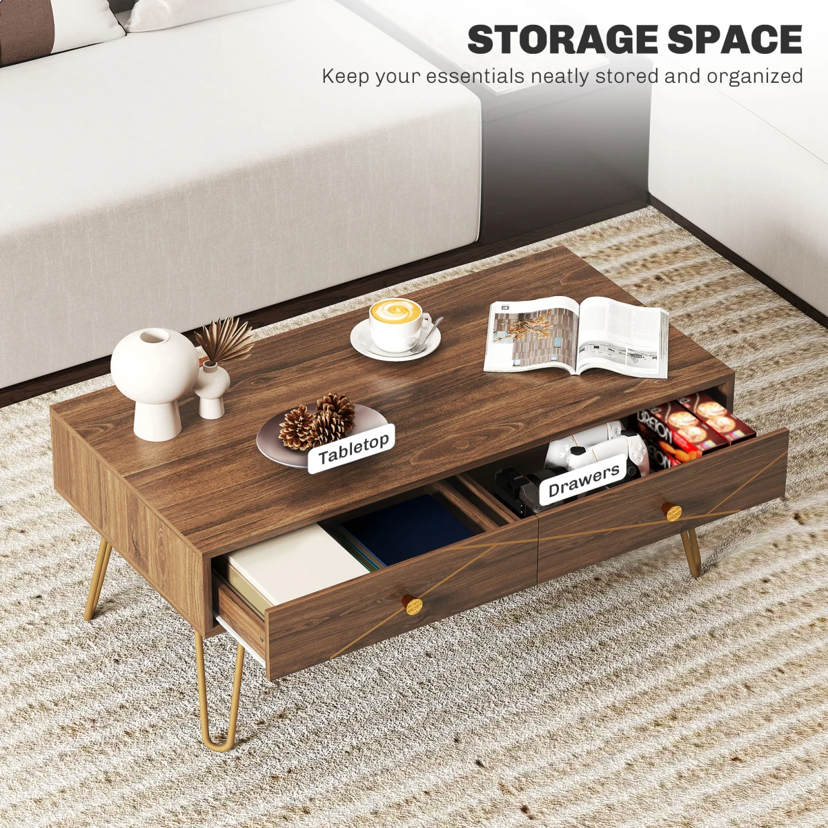 HOMCOM Coffee Table Long Woodgrain Finish With Two Drawers Gold Hairpin Legs Living Room by HOMCOM