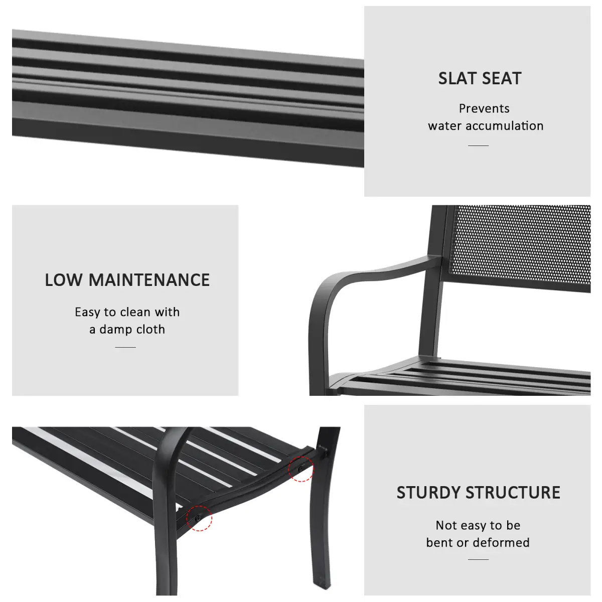 Outsunny 2 Person Garden Bench, Steel-Black - Garden Chairs