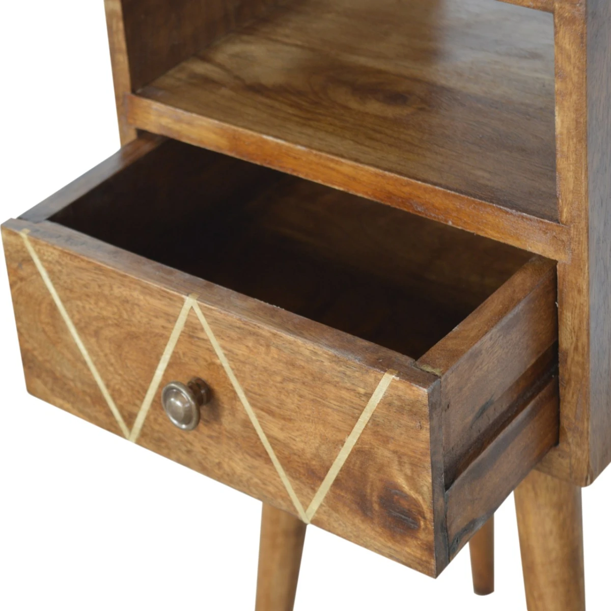 Artisan Furniture Artisan Bedside Table Mini Solid Mango Wood Geo Brass Inlay Drawer Shelf For Modern Bedroom Decor - Bedside Table