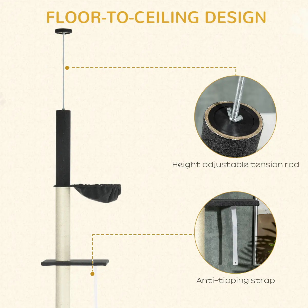 PawHut PawHut Floor-To-Ceiling Cat Tree, Height Adjustable, Black - Cat Tree