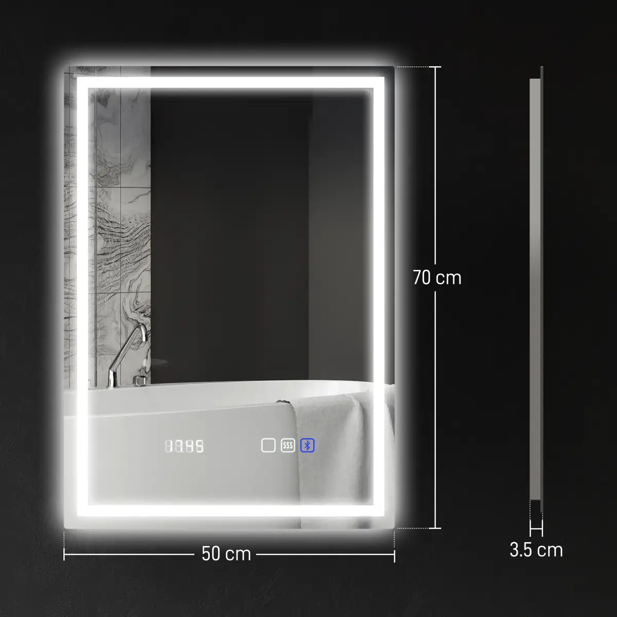 HOMCOM HOMCOM 500 x 700 mm Bathroom Mirror with Bluetooth Clock Lights Demister Pad - Clock