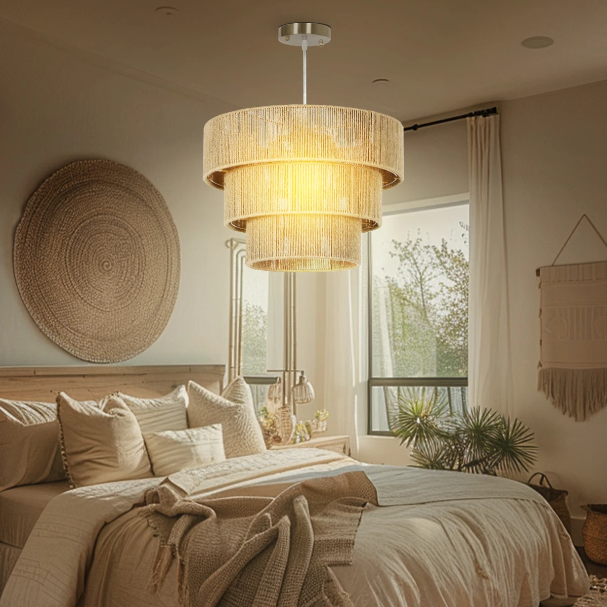 Boho Floor Lamp Tall Three Tier Hemp Rope Shade Diffused Light For Living Room Ambience by N/A