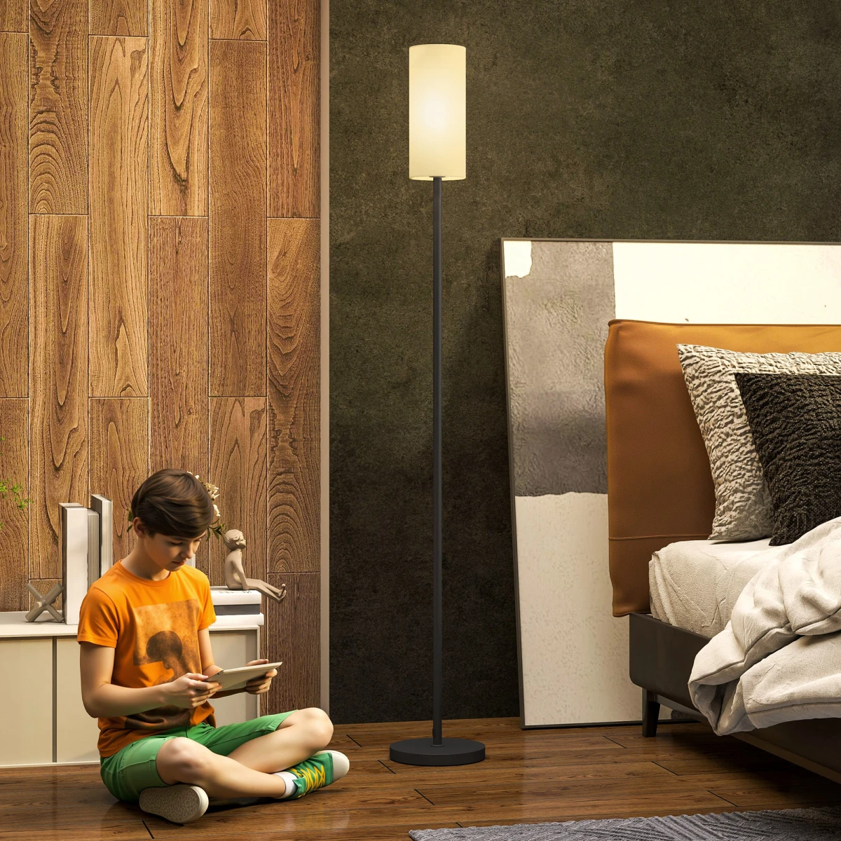 Modern Floor Lamp With Linen Shade 163cm Tall 22cm Base Foot Switch Easy Assembly LED Or Halogen Compatible by N/A