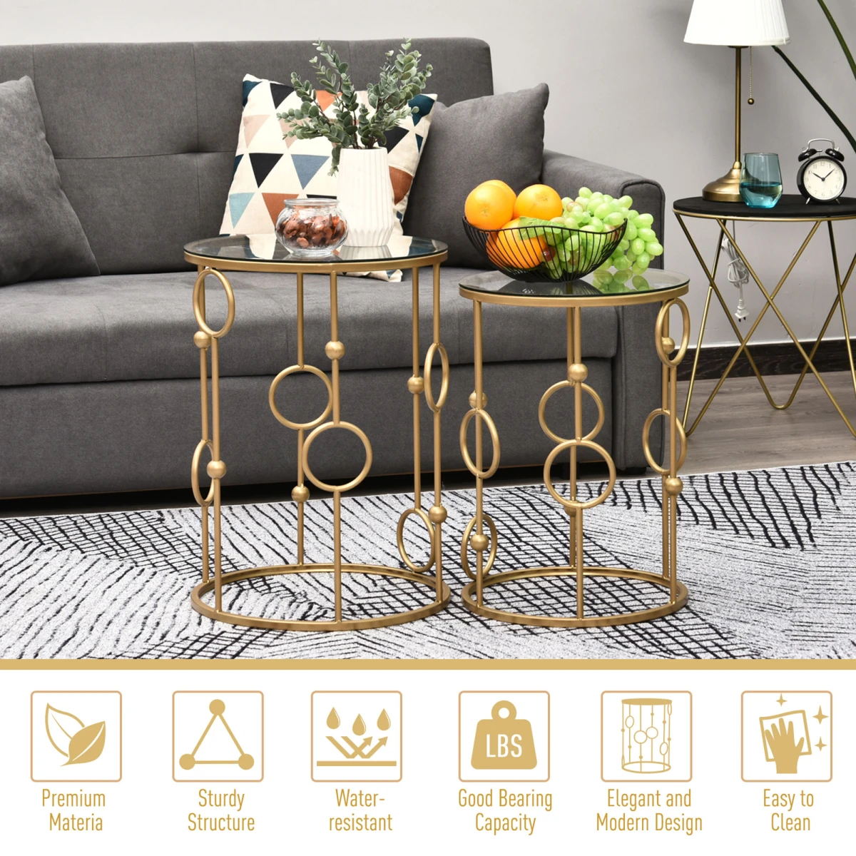 HOMCOM Gold Nesting Coffee Tables Set of Two with Tempered Glass Tops Living Room Decor by HOMCOM