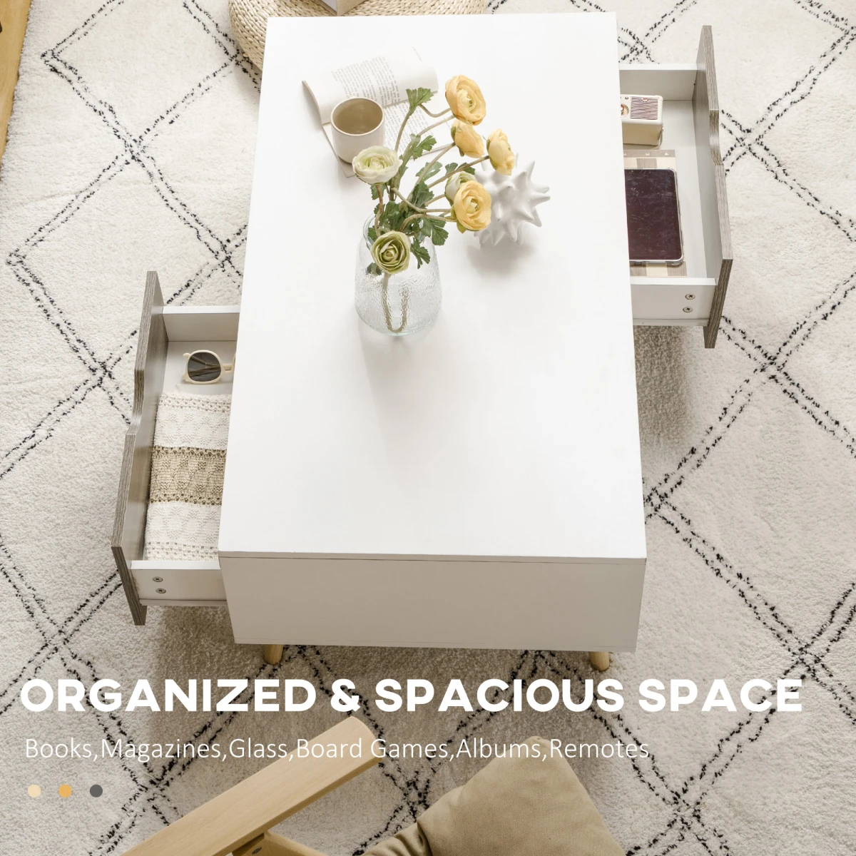 Modern White Coffee Table With Storage Drawers by Unbranded