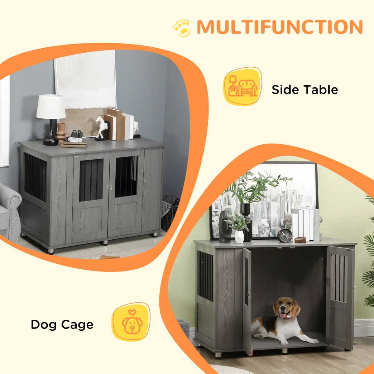 PawHut Dog Crate Kennel Cage for Extra Large Dog, Indoor End Table, Grey - Dog Crate
