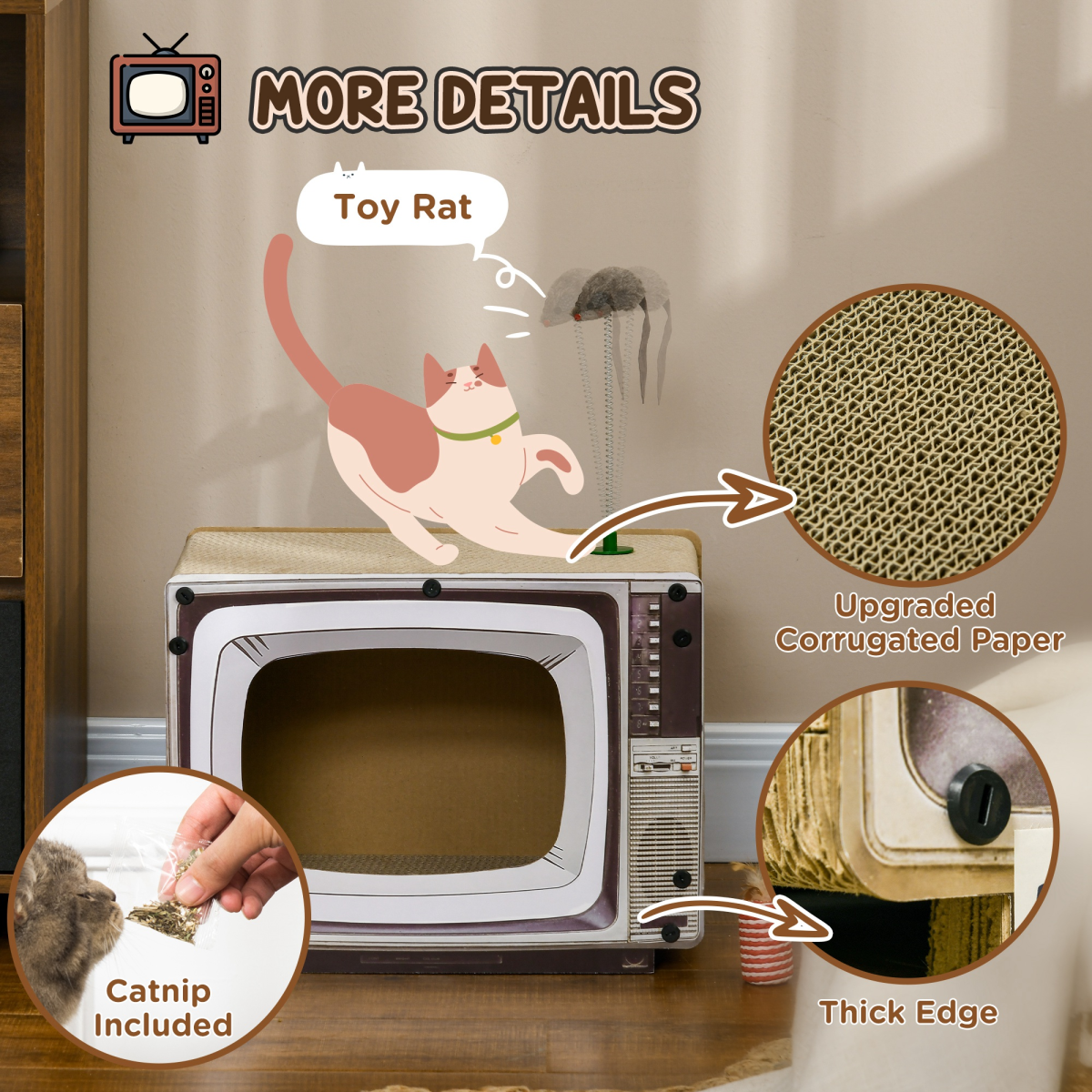 PawHut PawHut TV-Shaped Cardboard Cat House with Scratcher, Catnip, Toy Rat - Cat House