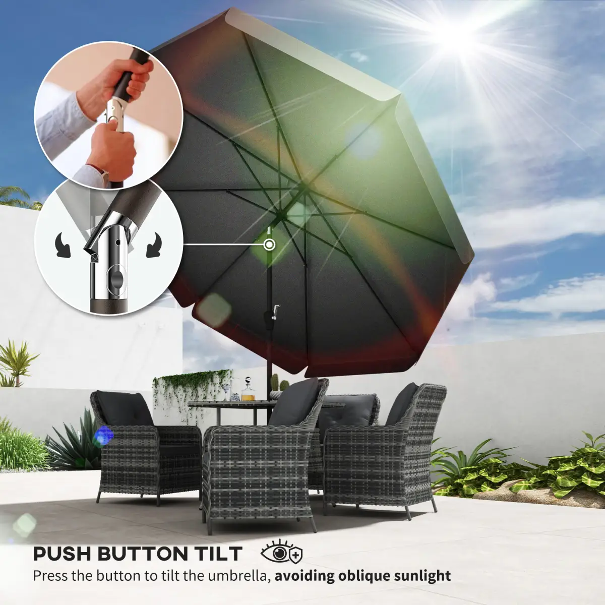 Outsunny Outsunny 2.7m Patio Umbrella Garden Parasol with Crank, Ruffles, 8 Ribs, Black - Parasol
