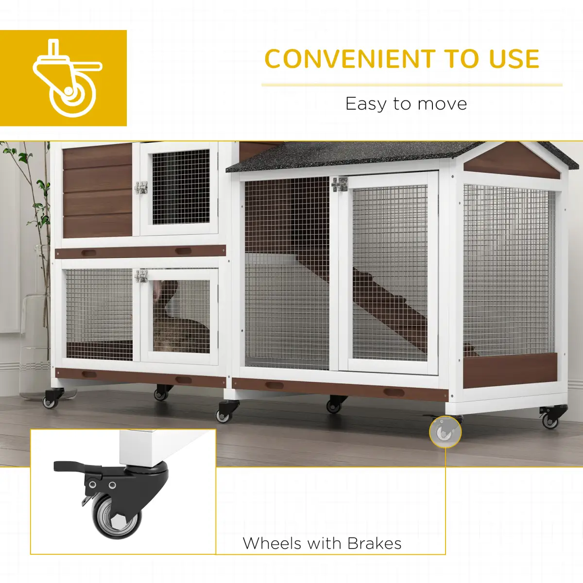 PawHut PawHut Wooden Rabbit Hutch Guinea Pig Cage w/ Wheels, Run, Ramp, Brown - Rabbit Hutch