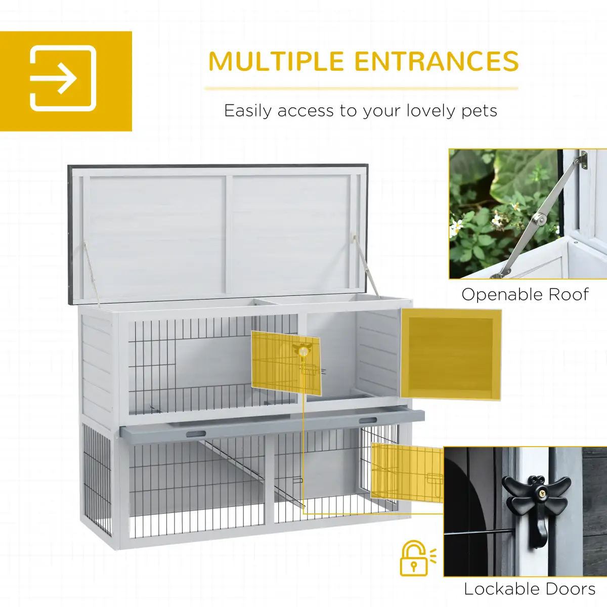 Pawhut Rabbit Hutch and Run w/ Removable Tray Openable Top for Indoors & Outdoors Grey - Rabbit Hutch