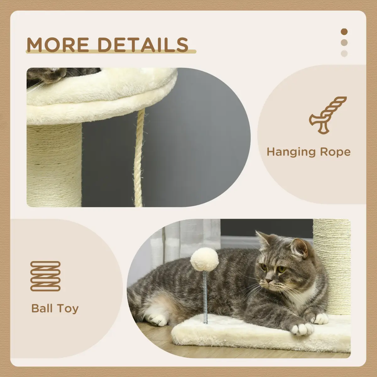 PawHut Cat Tree for Indoor Cats w/ Sisal Scratching Post, Spacious Kitten Bed - Cream - Cat Tree